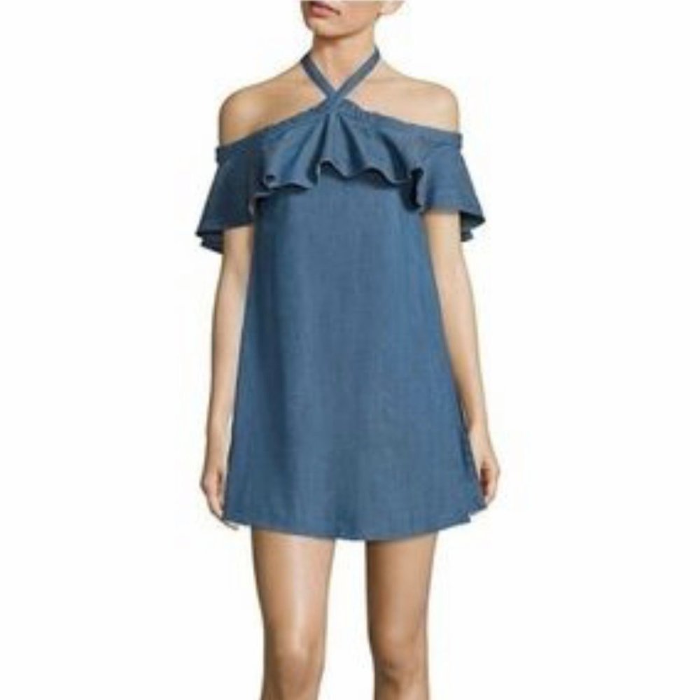 Alice and Olivia Alexia Chambray Off the Shoulder Ruffle Halter Dress| XS